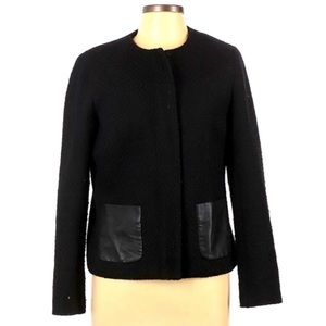 Talbots 10 black wool blend faux leather pocket crop zipper knit sweater jacket
